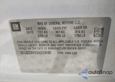 2013 Chevrolet Sonic Lt Auto z USA, uszkodzony, nr VIN 1G1JC5SHXD4229840